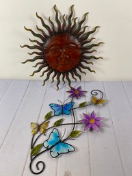 Cheerful Metal Wall Hangings Of Sunburst And Flowers And Butterflies