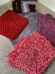 Set Of 5 Amazing Afghans Or Crocheted Blankets Or Lap Blankets, Vibrant Reds And Purples