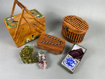 Cute Wooden Sewing Box, Glass Grape Clusters, Trinket Boxes & A Porcelain Jar