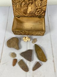 Several Rocks That Appear To Be All Or Parts Of Arrowheads & A Piece Of Coral In A Wooden Box