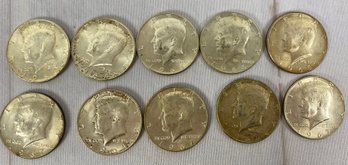 Ten Kennedy Half Dollars With Dates Of 1963 Thru 1968, Denver Mint Mark On 1 Coin