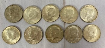 Ten Kennedy Half Dollars With Dates Of 1964, 1966, 1967, No Mint Mark