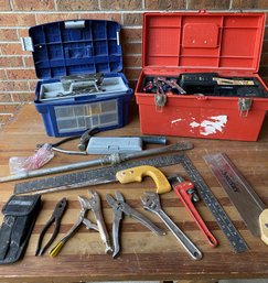 Two Hard Plastic Tool Boxes With Many Hand Tools Including An Estwing Hammer, Pliers, & Much More