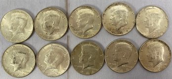 Ten Kennedy Half Dollars With Dates Of 1966 And One Dated 1964, No Mint Mark