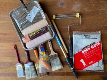 Miscellaneous Painting Supplies & Tools Including Rollers, A Paint Tray, Brushes & More