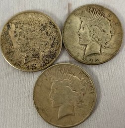 Three US Silver Peace Dollar Coins, Circulated, Ungraded, Dated 1922 And 1923, S Mint Mark