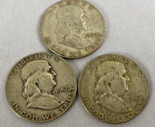 Three US Franklin Liberty Silver Half Dollar Coins, Circulated, Ungraded, Dated 1952, 1960, 1963, D Mint Mark