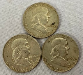Three US Franklin Liberty Silver Half Dollar Coins, Circulated, Ungraded, Dated 1953, 1959, 1963, D Mint Mark
