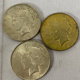 Three US Silver Peace Dollar Coins, Circulated, Ungraded, Dated 1922 And 1923, No Mint Mark