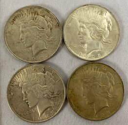 Four US Silver Peace Dollar Coins, Circulated, Ungraded, Dated 1923, No Mint Mark