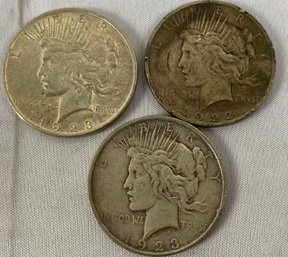 Three US Silver Peace Dollar Coins, Circulated, Ungraded, Dated 1922 And 1923, D Mint Mark