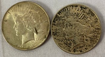 Two US Silver Peace Dollar Coins, Circulated, Ungraded, Dated 1923 And 1927, D Mint Mark