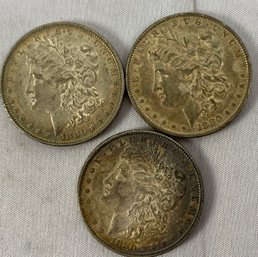 Three US 1880, Morgan Head Eagle Silver Dollar Coin, Circulated, Ungraded, O Mint Mark