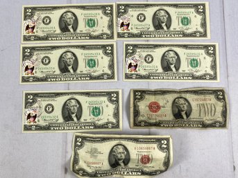 Five Federal Reserve First Date Cover With Stamp 2 Dollar Bills And Two Red Series Two Dollar Bills