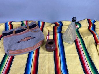 Vintage Wool Mexican Saddle Blanket, Small Pottery Pot, And JA Salazar Glass Bottle