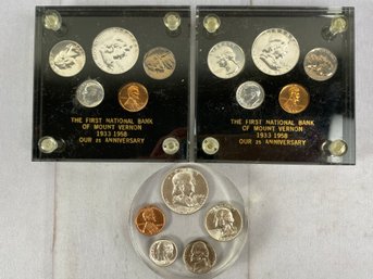 Three Sets Of 1958 US Mint Coins Encased In Plastic Commemorating First National Bank Mount Vernon