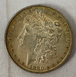 One US 1880 Morgan Head Eagle Silver Dollar Coin, Circulated, Ungraded, O Mint Mark