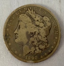 One US 1890 Morgan Head Eagle Silver Dollar Coin, Circulated, Ungraded, No Mint Mark