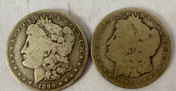 Two US Morgan Head Eagle Silver Dollar Coins, Circulated, Ungraded, Dated 1890 And 1899 O Mint Mark