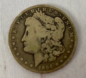 One US 1894 Morgan Head Eagle Silver Dollar Coin, Circulated, Ungraded, O Mint Mark