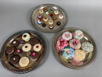 Fun Silverplate Trays With Faux Fabric & Button Cookies & Candies