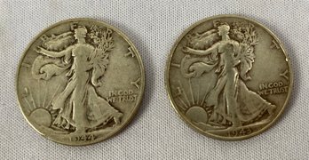 Two US Walking Liberty Silver Half Dollar Coins, Circulated, Ungraded, Dated 1943 And 1944, No Mint Mark