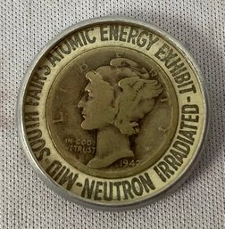 Mid South Fairs Atomic Energy Exhibit Neutron Irradiated Winged Liberty Dime, Dated 1942