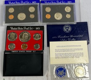 Four US Mint Proof Sets In Original Packaging, Uncirculated, Eisenhower Silver Dollar, 1971, 1972, 1973