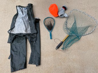 Men's RainSkins Foul Weather Gear, 2 Fishing Nets, Pair Of Large Socks And Orange Hunting Hat