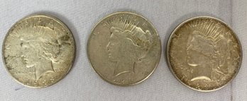 Three US Silver Peace Dollar Coins, Circulated, Ungraded, Dated 1923, S Mint Mark