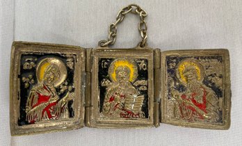 Antique Russian Orthodox Christian Three Panel Folding Enamel Deesis Triptych Traveling Icon