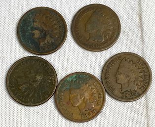 Five US Indian Head Wheat Ear Pennies, Dated 1884, 1892, 1898, 1901, 1904, No Mint Mark