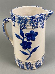 Vintage Wild Rose Blue & White Spongeware Pottery Pitcher