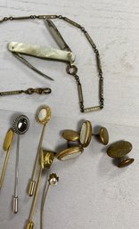 Unique Collection Of Stick Pins Or Lapel Pins, Cuff Links & Mother Of Pearl Pocketknife On A Chain