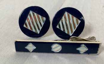 Pair Of MCM Navy Blue And Silver Tone Cuff Links And Tie Clip By Swank