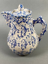 Fantastic Antique Blue Spongeware Pottery Coffee Pot With Lid, Rare Pattern