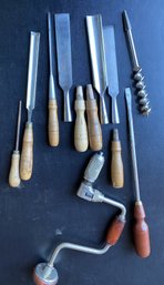 Antique & Vintage Woodworking Hand Tools Including Chisels, A Drill, A Drill Bit & More