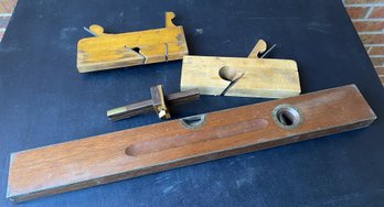 Antique Or Vintage Woodworking Or Carpentry Tools Including Two Planes, A Stanley Level & More