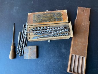 Lot Of Antique Or Vintage Spur Auger Bits In Their Original Storage Box, A Cool Wooden Box, & More