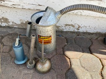 Various Oil Cans Including A Lawson Model 95F Two Quart Molten Zinc Transfer Can And Finger Pump Can