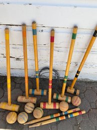 Set Of Six Vintage Croquet Mallets, Balls, Ending Stakes And Wickets