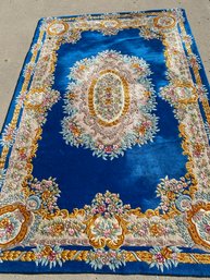 Gorgeous Virgin Wool Pile Area Rug With Floral Design On Blue Background Made In Thailand, Tai Ping