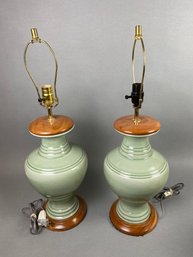 Pair Of Beautiful Vintage MCM Celadon Table Lamps Made In Thailand