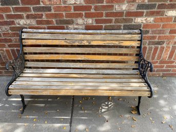 Wrought Iron And Slatted Wood Bench, Patio, Porch, Or Lawn Furniture