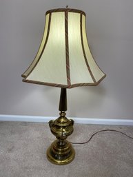 Vintage Brass Table Lamp With Panelled, Silk-O-Lite Lamp Shade