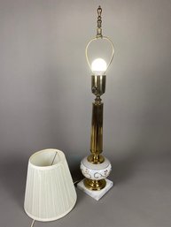 Vintage Handpainted Brass And Milk Glass Lamp With Pleated Ruffled Shade