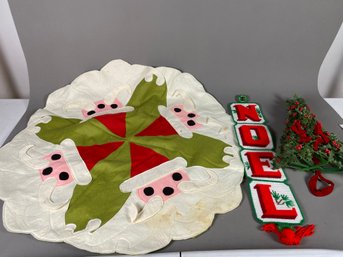 Vintage Needlepoint Noel Sign, Felt Tree Skirt, And Plastic Holly Wall Hanging, Christmas