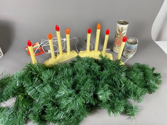 Collection Of Christmas Garland, Plastic Candelabras & 2 Vintage Sugar Candles