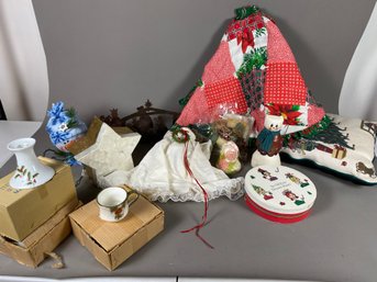 Miscellaneous Lot Christmas And Holiday Decorations Including An Angel Tree Topper And Dessert Plates