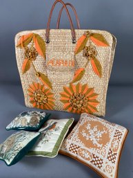 Vintage Woven Beach, Pool Or Shopping Bag From Acapulco And Small Throw Pillows